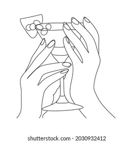 Woman's hands holding a glass.One line vector illustration.