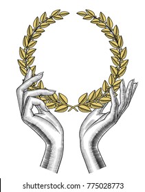Woman's hands holding a gold laurel wreath. Winner sign and banner. Vintage engraving stylized drawing. Vector illustration