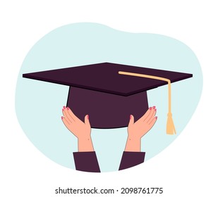 Womans hands holding mortarboard. Graduating students hands with academic cap flat vector illustration. Education, university, graduation concept for banner, website design or landing web page