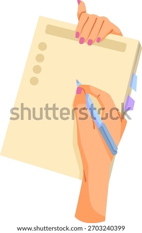 Womans hands holding a notepad and writing with a pen, flat graphic style, on white background. Concept of planning, notes, checklist. Vector illustration