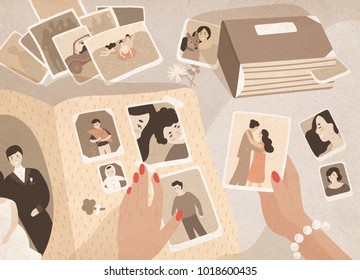 Woman's hands holding old photographs, sorting them out and attaching to pages of photographic album or photo book. Keeping in order pictures with family memories. Colored cartoon vector illustration.