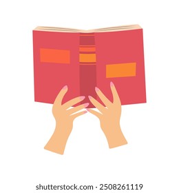 Manos de mujer sosteniendo un libro abierto. Suministros escolares. Concepto del día de los amantes de los libros. Ilustración vectorial.