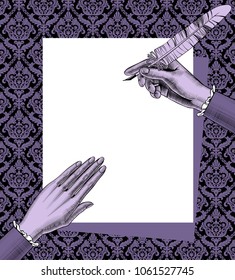 Woman's hands holding a paper sheet and feather pen on decorative retro background. Vintage engraving stylized drawing in lilac colors. Vector illustration