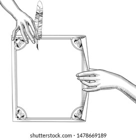 Woman's hands holding a paper sheet with a feather pen. Vintage engraving stylized drawing. Vector illustration
