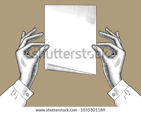 Woman's hands holding a paper sheet. Vintage engraving stylized drawing. Retro concept poster and banner. Vector illustration