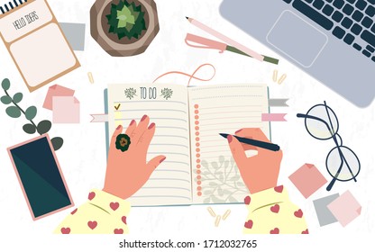 Manos de mujer sujetando bolígrafo y anotando goles en el billete o haciendo Lista de tareas pendientes durante la cuarentena. Vista superior. Planificación personal efectiva. Lista de comprobación, administración de tiempo. Dibujo vectorial plano.