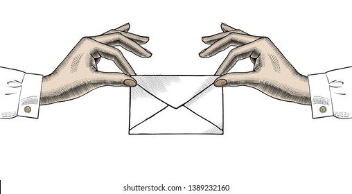 Las manos de la mujer con un sobre postal. Las manos de la mujer con un correo. Símbolo de correo de estilo retro e icono. Dibujo estilizado de grabado de época. Ilustración del vector