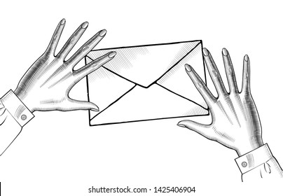 Woman's hands holding with a Postal envelope. Woman's hands with a mail. Retro style mail sign and icon. Vintage engraving stylized drawing. Vector illustration