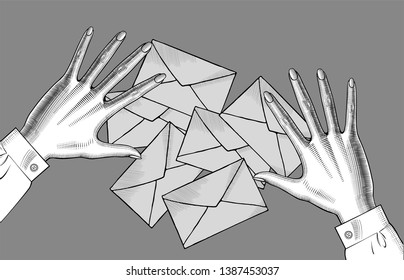 Woman's hands holding with a Postal envelopes. Woman's hands with a mails. Retro style mail sign and icon. Vintage engraving stylized drawing. Vector illustration