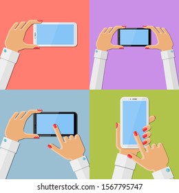 Woman's hands holding smartphone. Set of flat vector illustrations.

