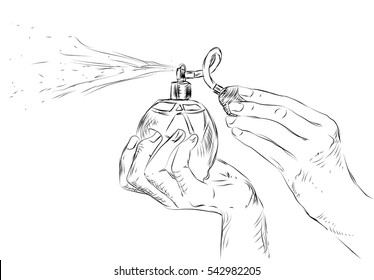 Woman's hands holding a vintage perfume bottle with atomizer.