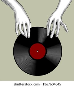 Woman's hands holding a vinyl record. Vintage engraving stylized drawing. Concept of retro music. Vector illustration 