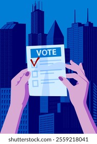 Woman's hands holding a voting ballot on blue modern buildings background. Vector illustration in flat style