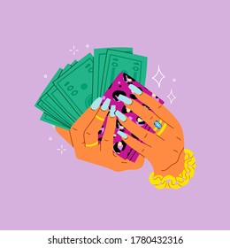 Woman's hands are holding wallet with green money. Cool manicure and golden rings. Cash in hands. Stack of hundreds of dollars. Close up look. Hand drawn Vector illustration. Logo, icon or print idea