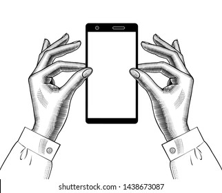 Woman's hands holds a modern smartphone with a blank chromakey screen. Call pop-art concept. Vintage engraving stylized drawing. Vector illustration