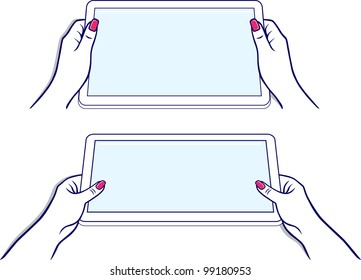 Woman's hands keeps tablet device isolated on white background