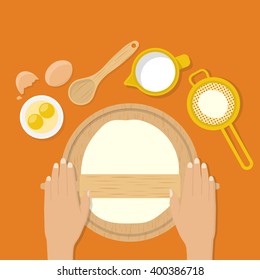 Woman's hands knead dough on table. Prepare for pizza, pastry, cake, bread, pastry, pie. Vector illustration flat design style. Cooking. Baker kneads make dough. Rolling