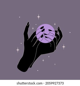 Woman's hands line art. Delicate hands position with black nails, gesture in minimalist style with ellipse or moon. Witchcraft esoteric elements for logo, wedding, trendy boho style. Feminine concept.