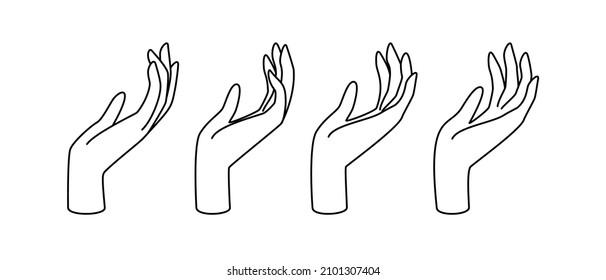 La línea de mano de las mujeres dibuja un conjunto mínimo de iconos. Resumen de belleza y símbolo femenino con gestos lineales delacados. Abrir el signo de la palma de apoyo.
