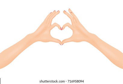 Woman's hands make heart shape. In love concept. Isolated vector illustration.