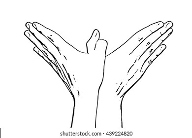 Woman's hands makes bird shape. Black and white vector graphic. Body part. Female beauty.