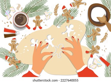 Woman's hands making Gingerbread man cookies. Process of Decorating gingerbread man. Culinary master class. Top view. Prepare Christmas food. Vector flat cartoon style for banner, advertising.