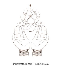 Woman's hands with mehendi design and soaring Lotus flower. Hindu motifs. Outline hand drawn illustration. Concept women's health, gratitude, spirituality etc.