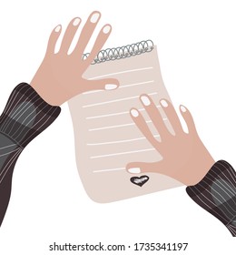 Woman's hands on notepad or diar. Doodle. Top view. Effective personal planning and organization. Colorful vector stock illustration in flat cartoon style isolated on white background.