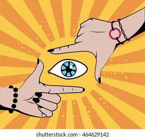 Woman's hands photo frame retro style. Vector illustration