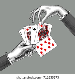 Woman's hands with playing cards fan. Vintage engraving stylized drawing. Vector illustration