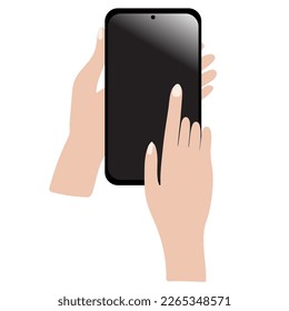 A woman's hands points to a blank smartphone screen where you can add a vector illustration. Clipart