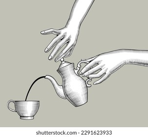 Woman's hands with a pot pours coffee into a cup. Vintage stylized drawing. Vector illustration