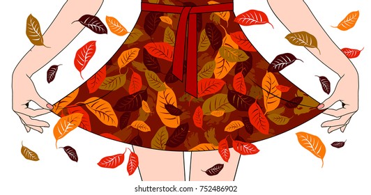 Die Hände der Frau ziehen den Rand des Kleides mit roten und gelben Blättern Dekoration. Herbstmarkt und Herbstverkaufskonzept. Vektorgrafik