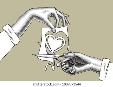 Woman's hands with scissors cutting a paper heart. Vintage engraving stylized drawing. Vector illustration