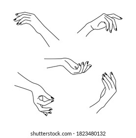 Las manos de la mujer se ponen con manicura en estilo de arte lineal. Manos femeninas diferentes gestos ilustradores vectoriales