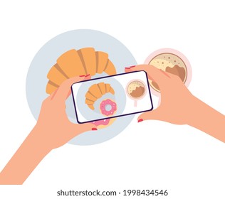 Woman's hands taking photo of breakfast on smartphone - top view of camera on phone pointed at coffee, croissant and donut meal. Flat isolated vector illustration.