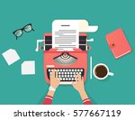 Womans hands typing an article on a vintage typewriter. Flat illustration of copywriter working process and author modern workplace. Green background for social media promotion and blogging