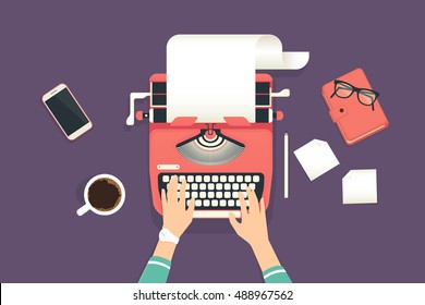 Womans hands typing an article on a vintage typewriter. Flat illustration of working process and author modern workplace. Business background for promotion and blogging