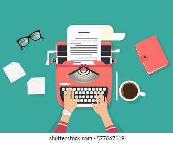 Womans hands typing an article on a vintage typewriter. Flat illustration of copywriter working process and author modern workplace. Green background for social media promotion and blogging
