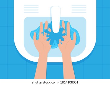 Woman's hands under a stream of water over the sink, top view. Process of washing hands in the sink. Vector illustration