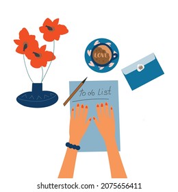 Womans hands and writing down goals to achieve in notepad or making To Do List. Top view. Effective personal planning and organization. Colorful vector illustration in flat cartoon style.