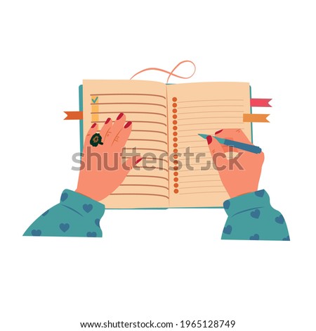 Woman's hands writing plan in notebook, diary or journal vector  illustration. Female writing thoughts or love letter, to do list, personal plans, goals. Self love practice, mental health habits.