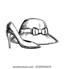 A woman's hat, a woman's high-heeled lady's slipper. Black and white vector graphics made by hand. Illustration on a white background. For packages and labels, flyers and postcards for Women's Day.