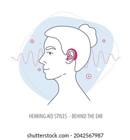 A woman's head with behind the ear aid,hearing aid style for the hearing impaired and the deaf,with sound wave and abstract elements on the background.Vector flat illustration,template,flyer.