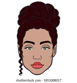 woman's head with brown hair and strand on her face. curls, avatar, comic.