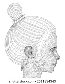 A woman's head with a bun on top of it. The bun is tied with a hair tie. Side view