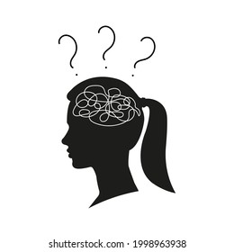 Der Kopf der Frau mit verwirrten Gedanken in ihrem Gehirn. Denken Sie an jemanden mit Fragen. Weibliche Gesicht Silhouette mit verwirrtem Geist. Vektorgrafik.