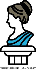 A woman's head is drawn in black and white. The woman is wearing a bun and has a statue of her head on a pedestal