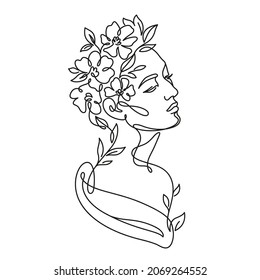 Woman's head with flowers in hair. Portrait in one line art style. Continuous line icon isolated on a white background. Outline minimalist design. Elegant silhouette for cards, spa and decor.  