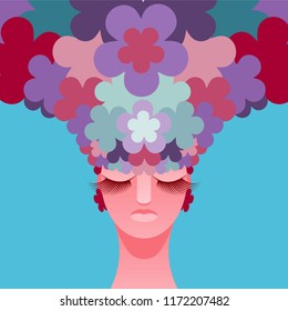 Woman's head with flowers instead of hair. Vector illustration eps 10